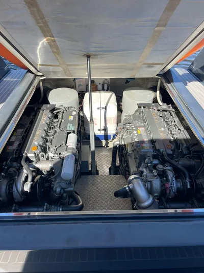  Yacht Photos Pics Engine compartment of 2013 VanDutch 40 Open Bow yacht, showcasing dual engines.