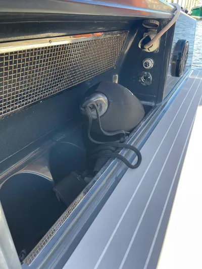  Yacht Photos Pics 2013 VanDutch 40 Open Bow boat detail with storage compartment and marine equipment.