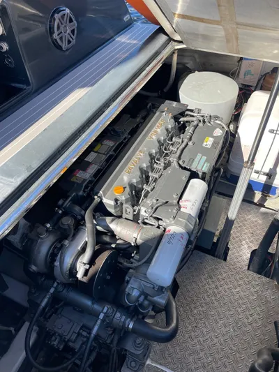  Yacht Photos Pics Engine compartment of a 2013 VanDutch 40 Open Bow yacht, showcasing detailed machinery.