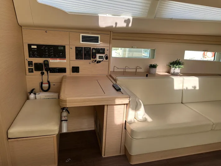  Yacht Photos Pics Interior of 2018 Jeanneau 51 yacht with beige seating and control panel.