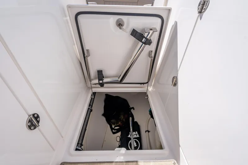 Kashmir Yacht Photos Pics Open storage compartment on 2019 Everglades 340 Dual Console boat.