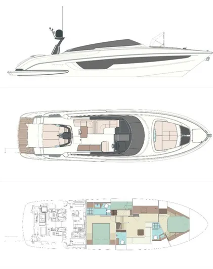 Grey Yacht Photos Pics 2021 Riva 56 Rivale yacht design with side, top, and interior layout views.