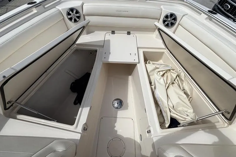  Yacht Photos Pics 2018 Grady-White Freedom 325 boat interior with open storage compartments.