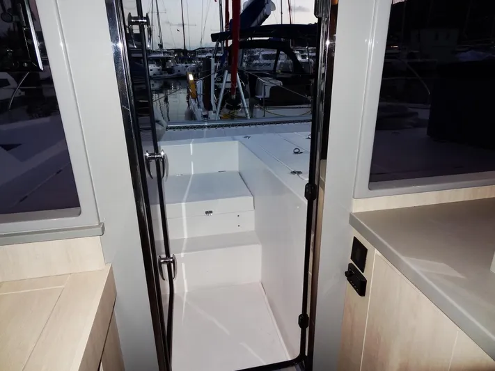 Anchor Beer Yacht Photos Pics Interior view of 2020 Leopard 40 yacht, showing steps leading to deck.