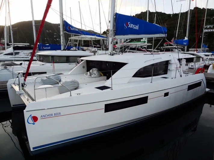 Anchor Beer Yacht Photos Pics 2020 Leopard 40 catamaran docked, featuring sleek design and Sunsail branding.