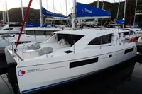 2020 Leopard 40 catamaran docked, featuring sleek design and Sunsail branding.