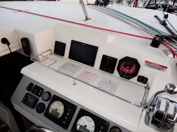 Anchor Beer Yacht Photos Pics Control panel of a 2020 Leopard 40 catamaran with navigation instruments and gauges.