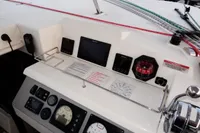 Control panel of a 2020 Leopard 40 catamaran with navigation instruments and gauges.