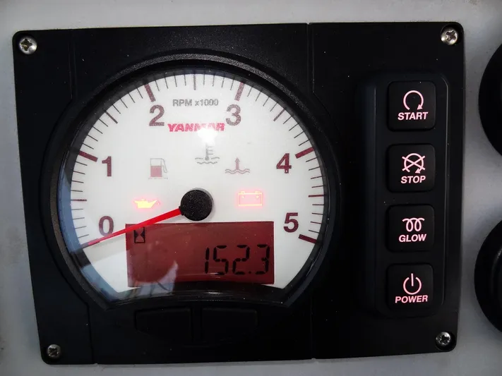 Anchor Beer Yacht Photos Pics Yanmar engine control panel with RPM gauge and buttons on a Leopard 40, 2020 model.