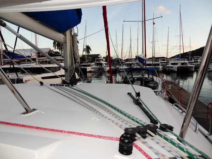 Anchor Beer Yacht Photos Pics Leopard 40 catamaran docked in marina, surrounded by sailboats, 2020 model.