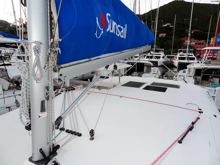 Anchor Beer Yacht Photos Pics Sailing yacht Leopard 40, 2020 model, with blue Sunsail sail cover in marina.