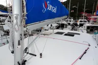 Sailing yacht Leopard 40, 2020 model, with blue Sunsail sail cover in marina.