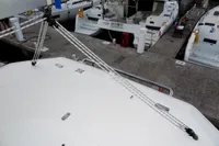 Leopard 40 catamaran docked at marina, showcasing deck and rigging, 2020 model.