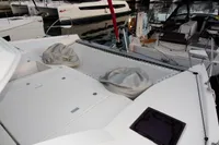 Leopard 40 catamaran deck with netting and covered seating, docked at marina, 2020 model.