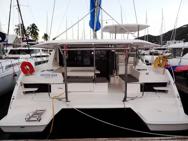 Anchor Beer Yacht Photos Pics Leopard 40 catamaran docked at marina, rear view, 2020 model.