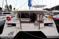 Leopard 40 catamaran docked at marina, rear view, 2020 model.