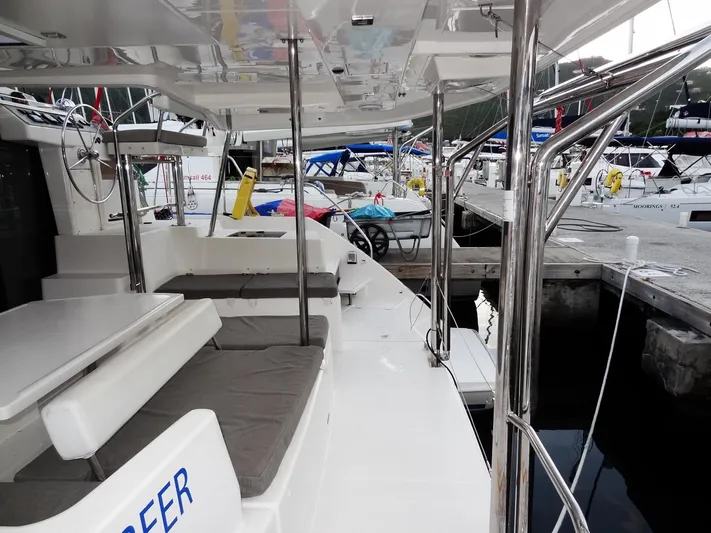 Anchor Beer Yacht Photos Pics 2020 Leopard 40 catamaran docked, featuring spacious seating and sleek design.