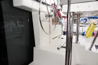 Steering wheel and deck area of 2020 Leopard 40 catamaran yacht.