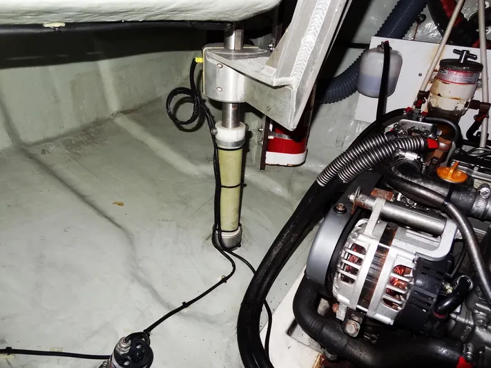 Anchor Beer Yacht Photos Pics Engine room of a 2020 Leopard 40 catamaran, featuring mechanical components and wiring.