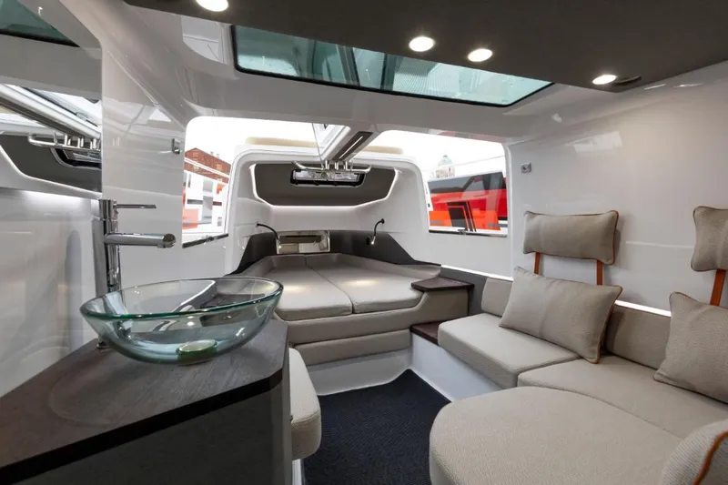  Yacht Photos Pics Interior of 2021 Axopar 37 XC Cross Cabin with modern design.