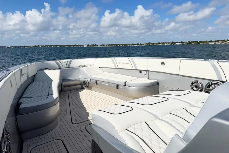  Yacht Photos Pics Luxurious seating on a Midnight Express 43 Open boat with ocean view and blue sky.