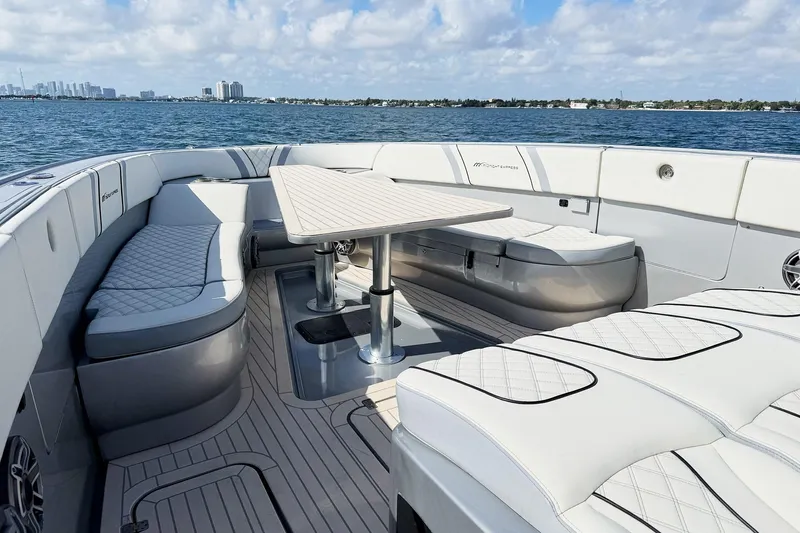  Yacht Photos Pics Luxurious seating area on a Midnight Express 43 Open boat with ocean view.