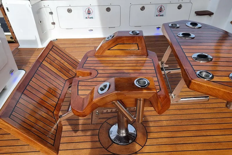 Megisti Spirit Yacht Photos Pics Luxurious teak deck seating on 2008 Westcoaster 70 Flybridge Cruiser yacht.