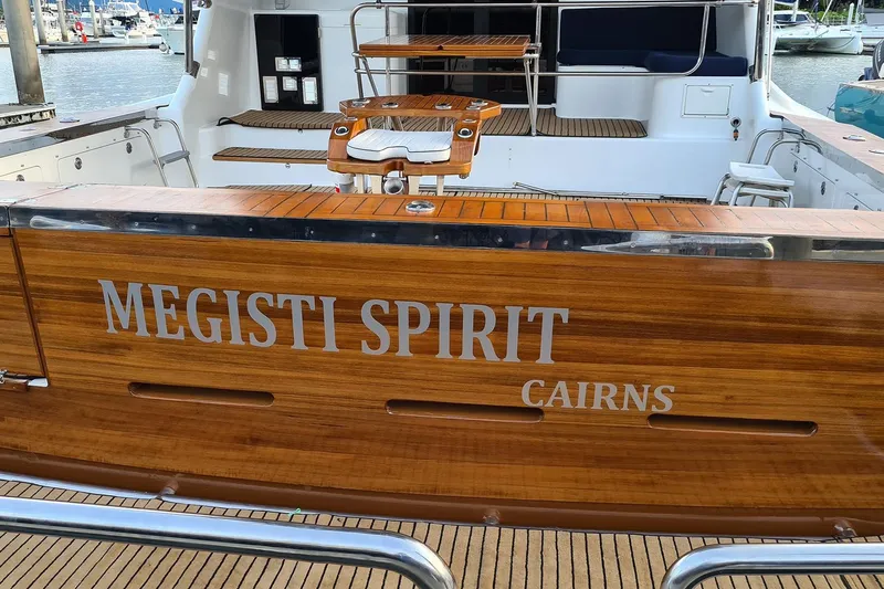 Megisti Spirit Yacht Photos Pics 2008 Westcoaster 70 Flybridge Cruiser, "Megisti Spirit," docked in Cairns marina.