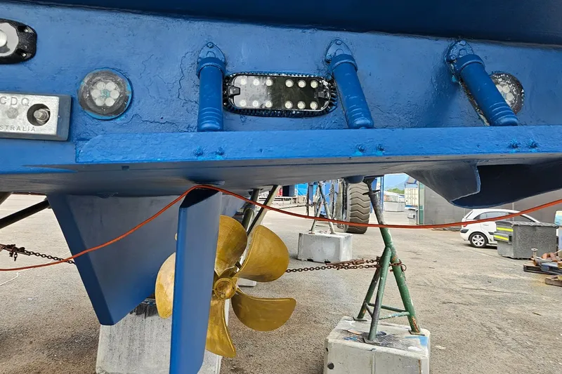 Megisti Spirit Yacht Photos Pics Underwater view of 2008 Westcoaster 70 Flybridge Cruiser with propeller and hull details.