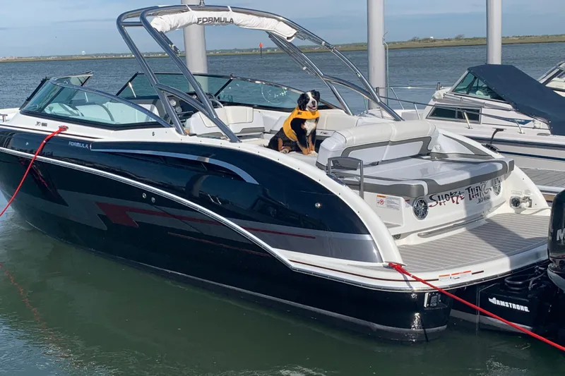  Yacht Photos Pics 2019 Formula 310 FX Bowrider with a dog in a life jacket on board.
