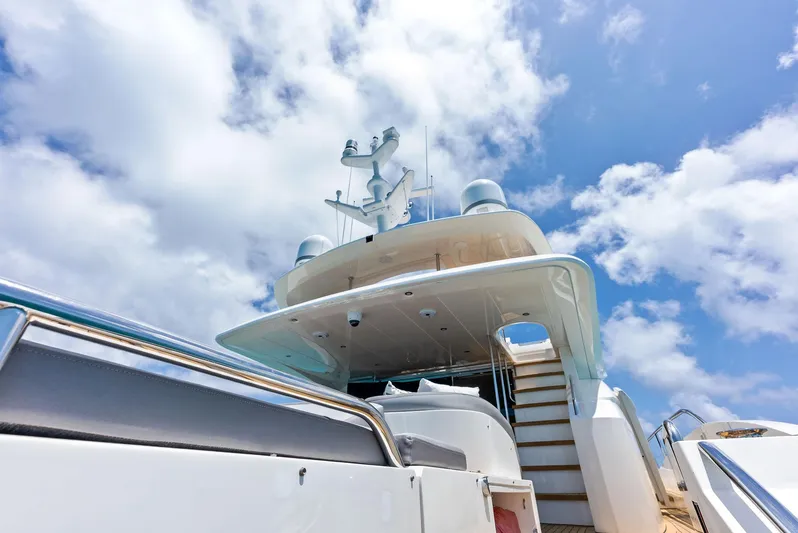 Mojo II Yacht Photos Pics Luxurious 2009 Princess Motor Yacht under a bright blue sky with clouds.