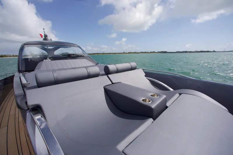  Yacht Photos Pics Luxury SACS 47 Rebel yacht, 2022 model, with sleek deck design on open water.