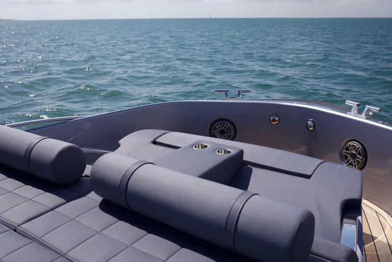  Yacht Photos Pics Luxury SACS 47 Rebel 2022 yacht with sleek seating on open sea.