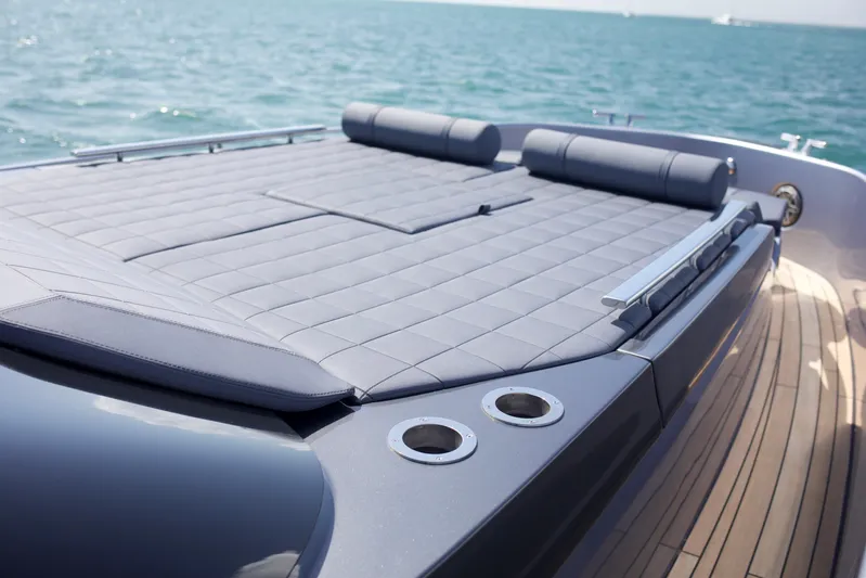  Yacht Photos Pics Luxury SACS 47 Rebel yacht deck with sunbathing area, 2022 model.