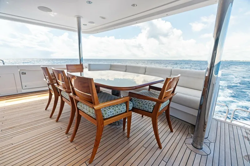 Yes Yacht Photos Pics Luxurious 2011 Westport yacht deck with elegant dining area overlooking the ocean.
