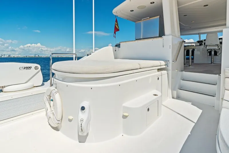 Yes Yacht Photos Pics Luxurious 2011 Westport yacht deck with seating, ocean view, and clear blue sky.