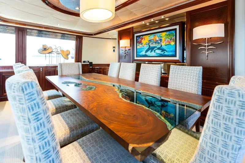 Yes Yacht Photos Pics Luxurious yacht dining room with artistic table and marine-themed decor, Westport 2011 model.