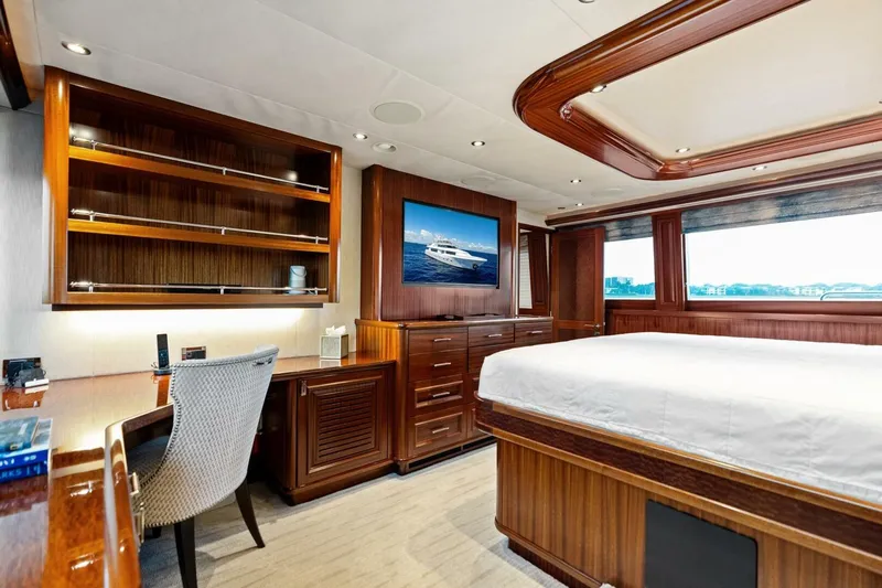 Yes Yacht Photos Pics Luxurious 2011 Westport yacht interior with elegant wood furnishings and large windows.