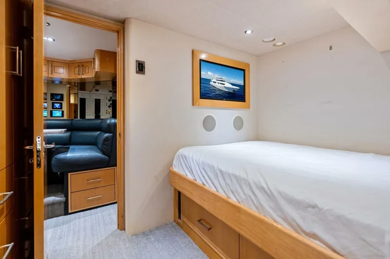 Yes Yacht Photos Pics Luxurious 2011 Westport yacht interior with cozy bedroom and modern lounge area.