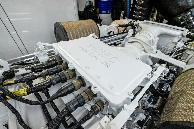 Yes Yacht Photos Pics Engine compartment of a 2011 Westport, showcasing advanced mechanical components and wiring.