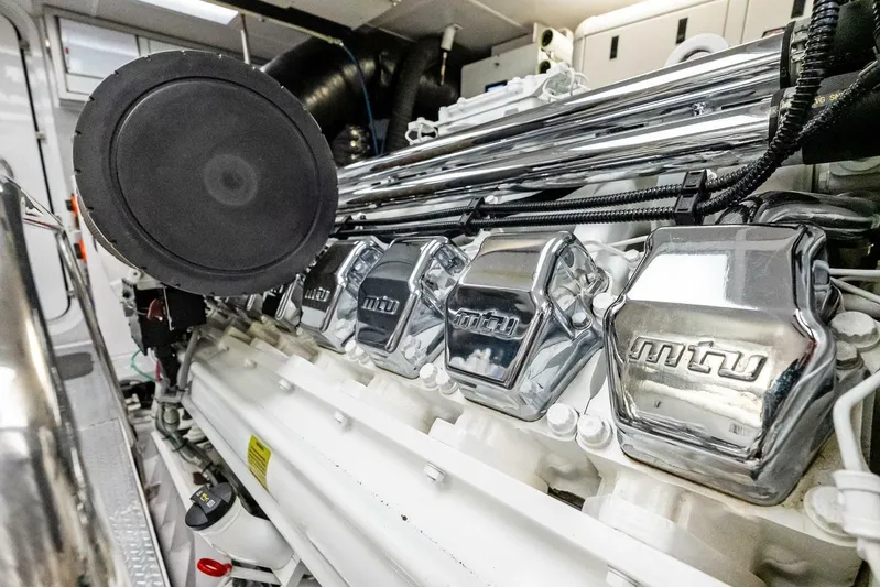 Yes Yacht Photos Pics Close-up of a 2011 Westport engine with shiny MTU components.
