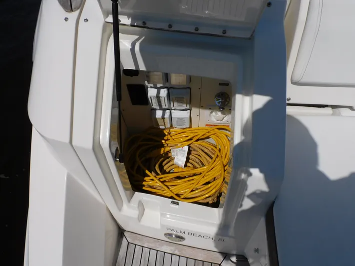 Not Guilty Yacht Photos Pics 2018 Sea Ray Sundancer electrical compartment with yellow power cables.