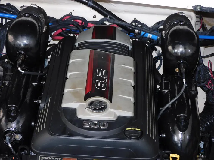 Not Guilty Yacht Photos Pics 2018 Sea Ray Sundancer engine compartment with 6.2L Mercury engine.