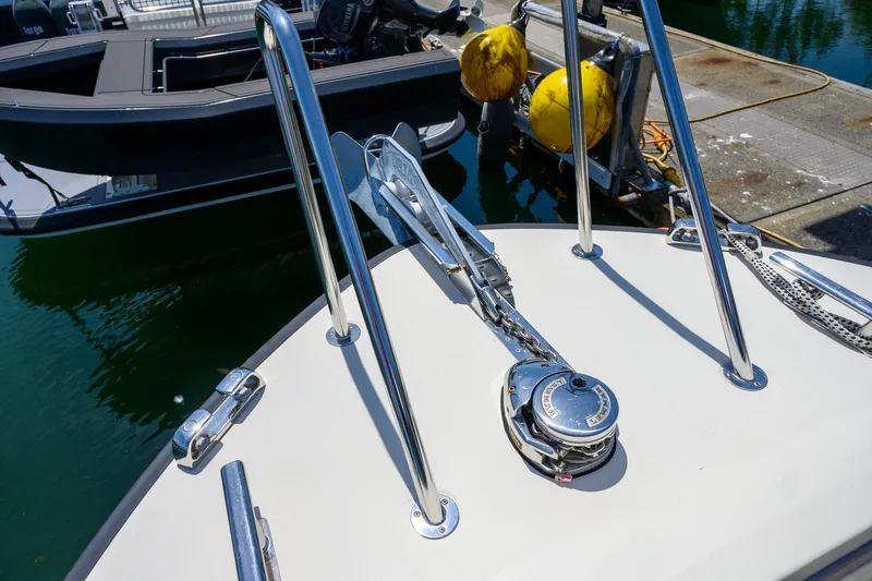  Yacht Photos Pics 2019 Targa 27.2 boat anchor system with chrome fittings at dock.
