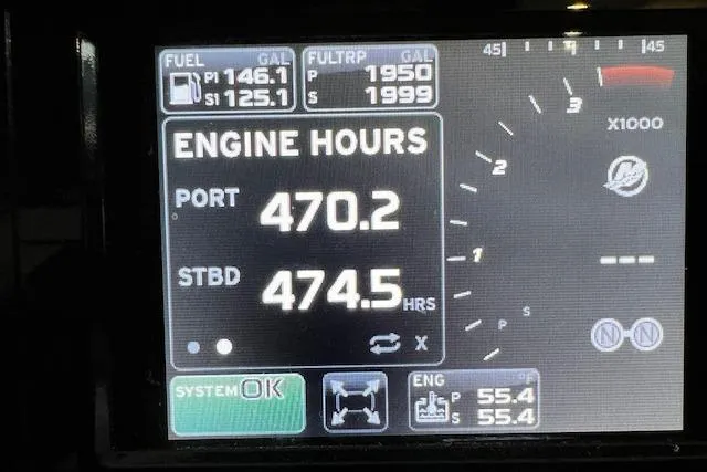  Yacht Photos Pics Display panel of 2017 Sea Ray Sundancer 400 showing engine hours and fuel levels.