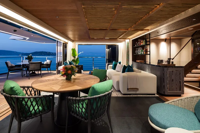 King Benji Yacht Photos Pics Luxurious interior of 2024 Dunya Yachts Explorer with elegant seating and ocean view.