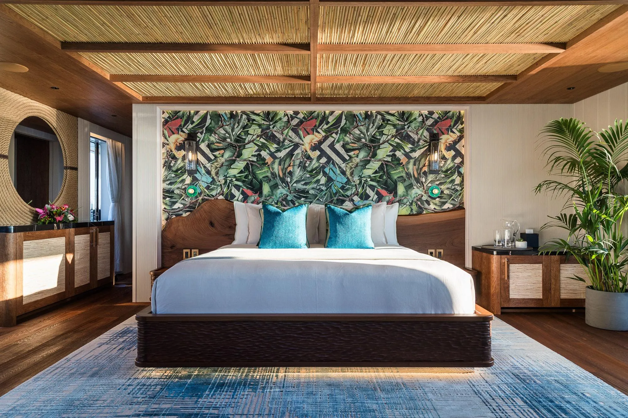 Luxurious 2024 Dunya Yachts Explorer bedroom with elegant decor and vibrant accents.