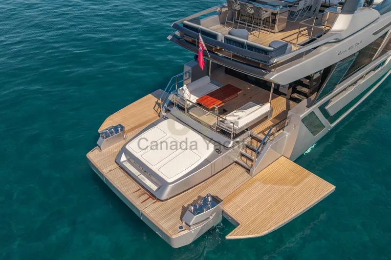 Allora Yacht Photos Pics Luxurious 2026 Riva 82' Diva yacht with spacious deck and elegant design on clear water.