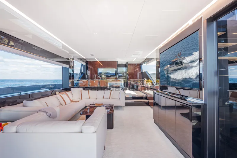 Allora Yacht Photos Pics Luxurious interior of 2026 Riva 82' Diva yacht with ocean view and modern amenities.