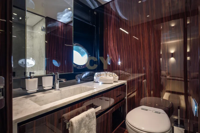Allora Yacht Photos Pics Luxurious bathroom interior of 2026 Riva 82' Diva yacht with marble countertop.